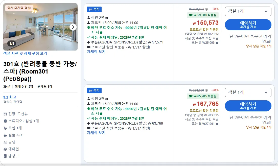 301호 (반려동물 동반 가능/스파)