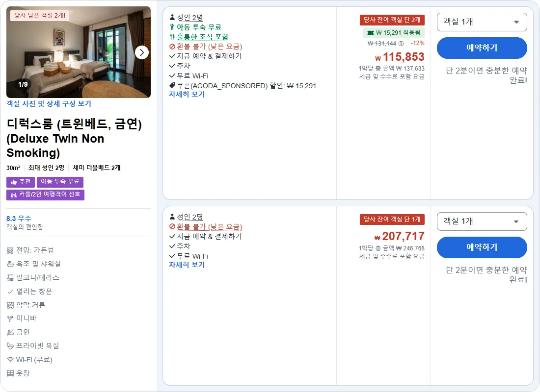 디럭스룸 (트윈베드, Deluxe Twin Room, 금연)